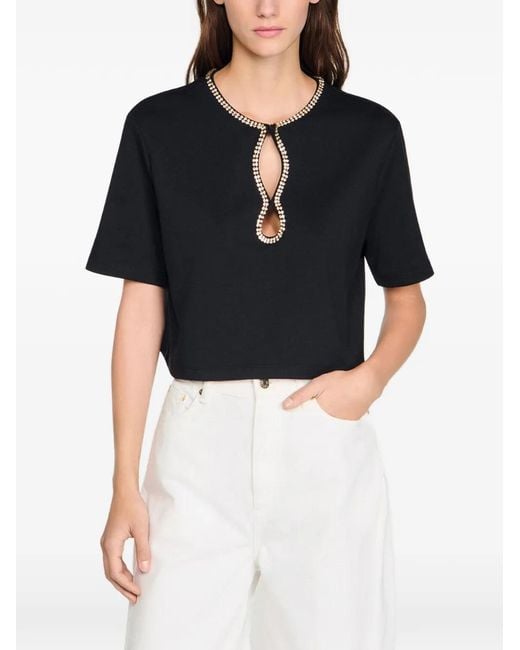 Sandro Black Rhinestone Cropped T-Shirt