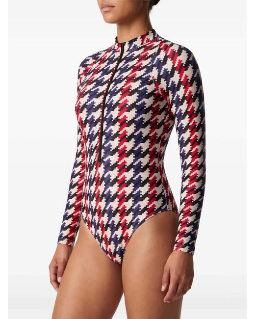 Perfect Moment Blue Houndstooth Long-Sleeve Half-Zip Swimsuit