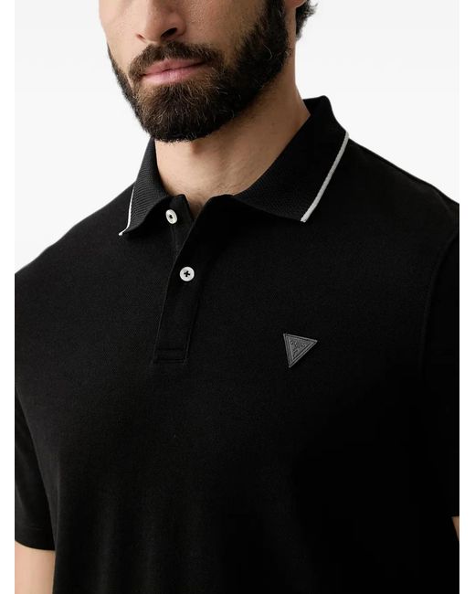 Guess Black Logo-Patch Tipped-Collar Polo Shirt for men