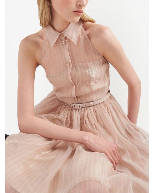 Prada Pink Besticktes Kleid Aus Gestreiftem Organza
