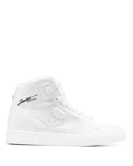 Philipp Plein White Super Street Skull Bones Hi-Top Sneakers