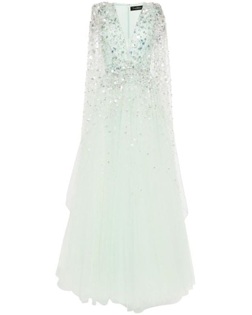 Jenny Packham White Alondra Sequin-Embellished Cape Gown