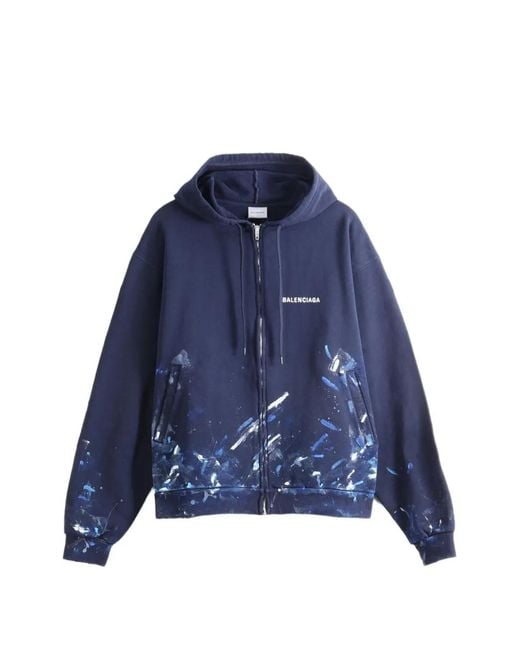 Balenciaga Blue Paint-Splatter Logo-Print Hoodie for men