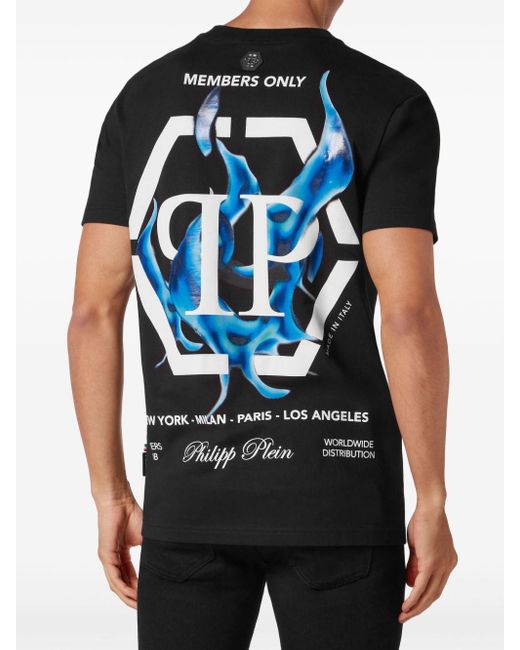 Philipp Plein Black Logo Flame-print Cotton T-shirt for men