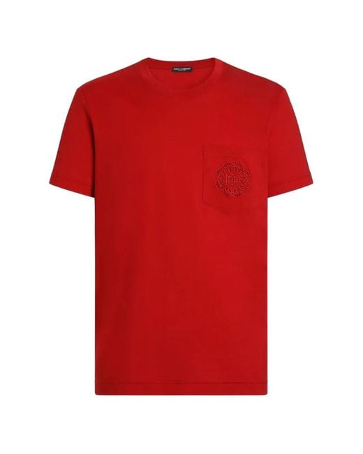 Dolce & Gabbana Red Cotton T-Shirt With Logo Embroidery for men