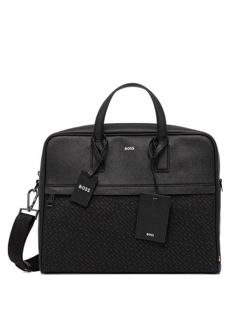 メンズ Boss ロゴプレート ビジネスバッグ Black
