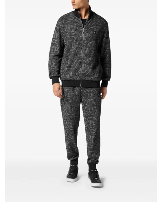 Philipp Plein Black Monogram-Jacquard Bomber Jacket for men