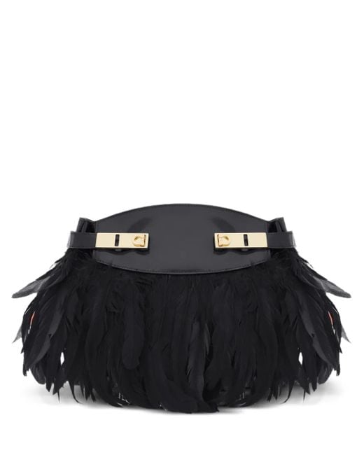 Ferragamo Black Hug Feather-Trimmed Cross Body Bag