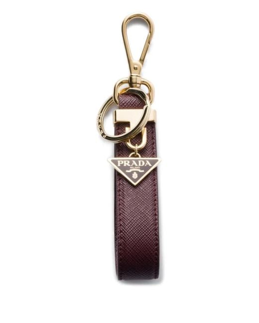 Prada White Saffiano Leather Triangle-Logo Keyring