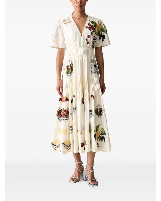 Farm Rio Natural Graphic-Print Pleated Midi Dress