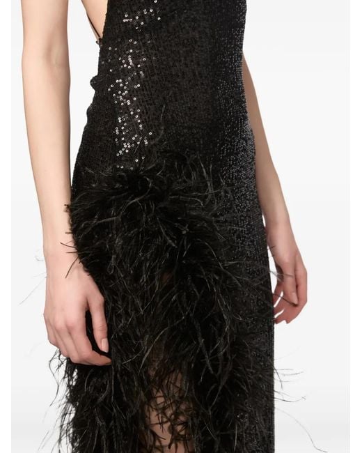 Atu Body Couture Black Feather-Trimmed Sequined Maxi Dress