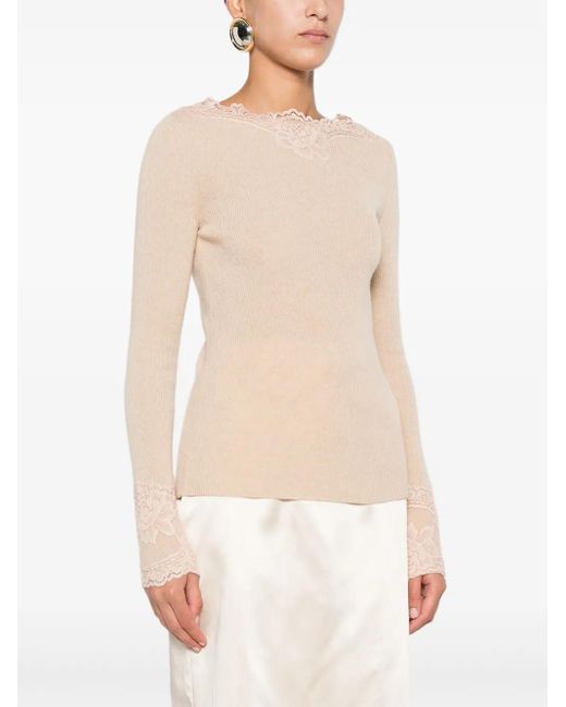 Valentino Garavani Natural Lace-Trim Ribbed Top