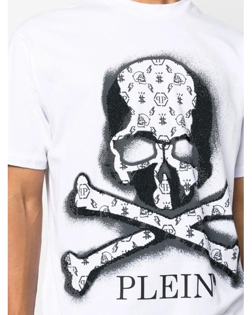 Philipp Plein White Skull-Print Rhinestone T-Shirt for men