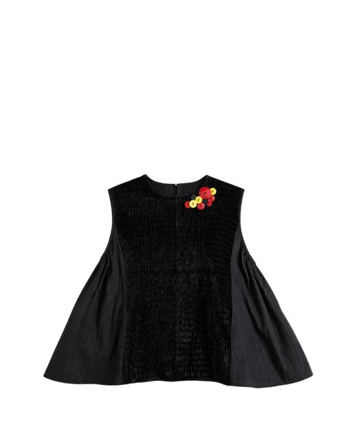 Commun's Black Pleated-Panel Button-Detail Top