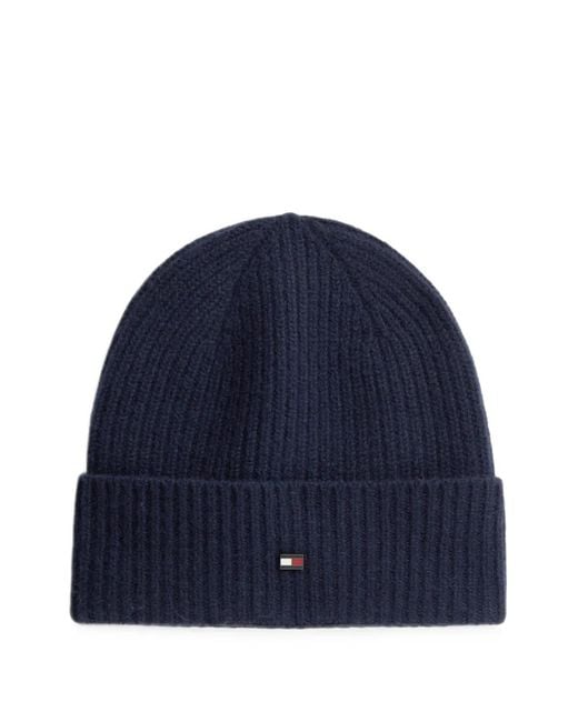 Tommy Hilfiger Blue Ribbed-Knit Logo-Plaque Beanie Hat for men