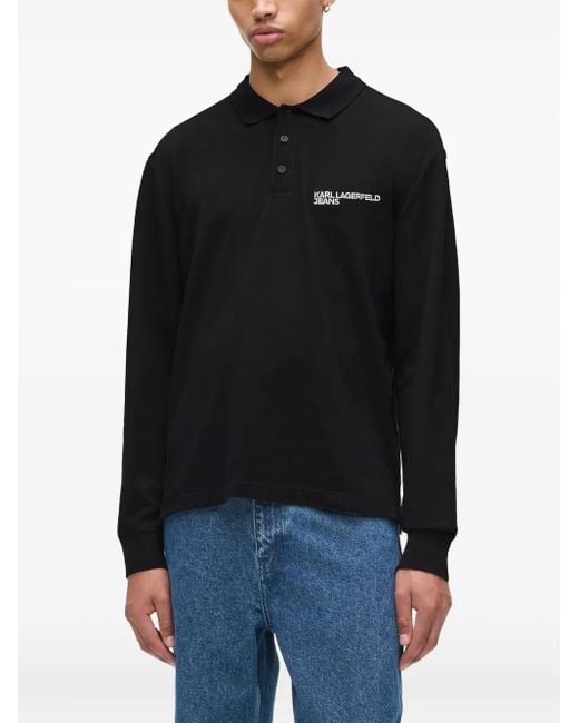Karl Lagerfeld Black Long-Sleeve Pique Polo Shirt for men