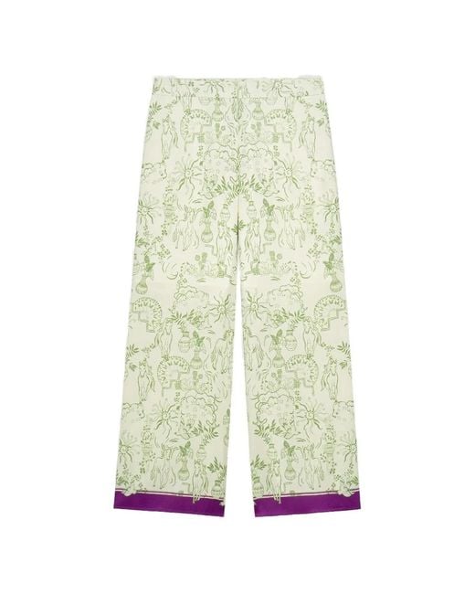 Shanghai Tang White Pantalon Palazzo Imprimé En Soie Mulberry