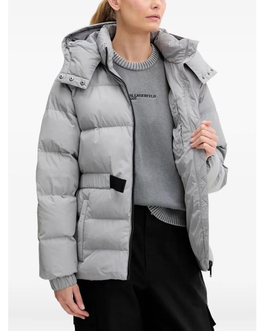 Karl Lagerfeld Gray Hooded Belted Puffer Jacket