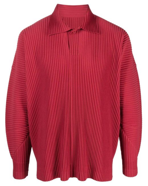 Homme Plissé Issey Miyake Red Pleated Long-sleeved Polo Shirt for men