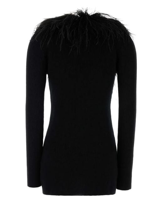 Blumarine Black Feather-Trim Wool Cardigan