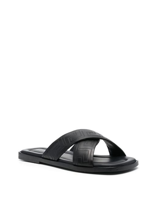 Versace Black Greca Leather Slides for men