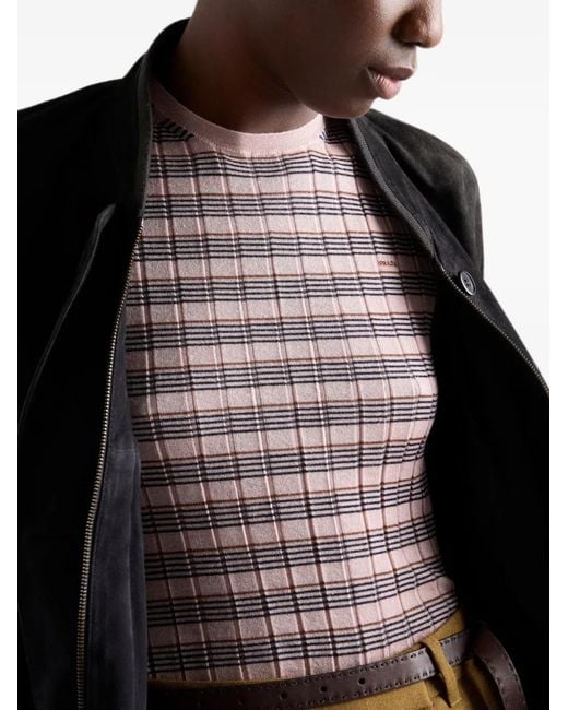Prada Pink Short-Sleeved Striped Cashmere And Silk Sweater