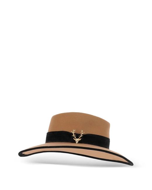 ALEXIA ALVAREZ DE TOLEDO Brown Brooch-Detail Wide-Brim Hat