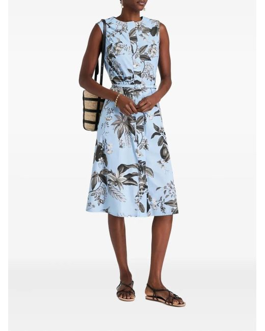 Oscar de la Renta Blue Floral Belted Shirt Midi Dress