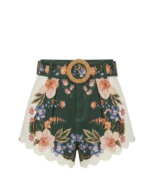 Farm Rio Green Floral-Print Scalloped Shorts