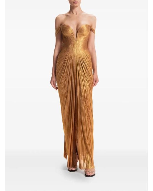 Maria Lucia Hohan Brown Martina Pleated Off-Shoulder Gown