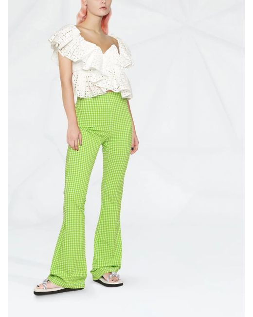 MSGM Green Check-Pattern Flared Trousers