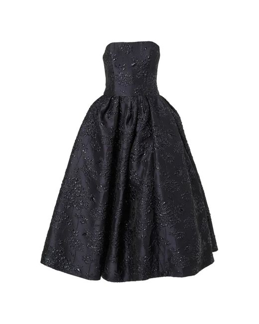 Carolina Herrera Blue Floral-Jacquard Strapless Midi Dress