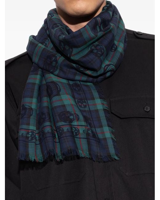 Sciarpa Con Stampa Teschio A Quadri di Alexander McQueen in Blue da Uomo