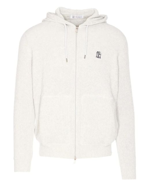 Felpa Con Cappuccio E Zip di Brunello Cucinelli in White da Uomo