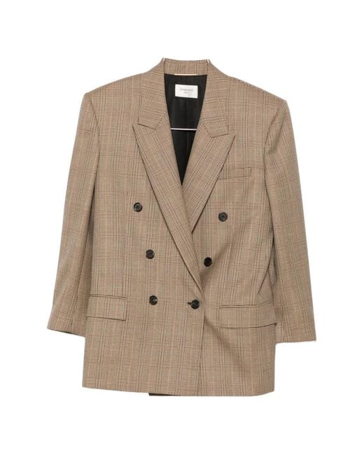 Saint Laurent Natural Check-Pattern Double-Breasted Blazer