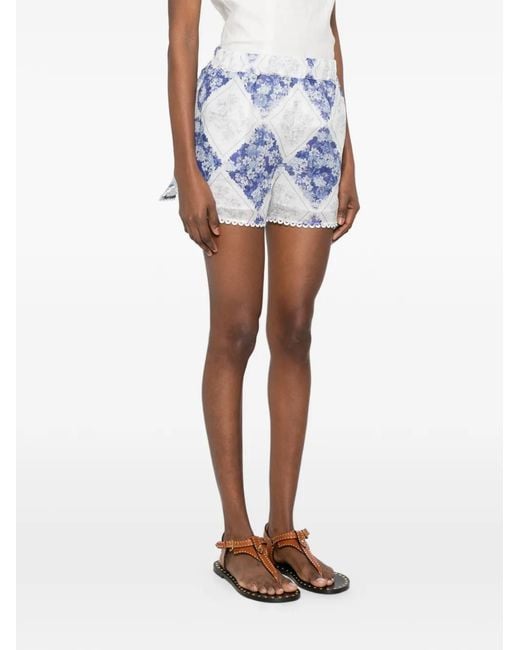 Twinset Blue Ramie Shorts With Floral Print