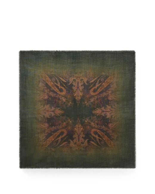 Etro Green Wool And Silk Scarf With Faded Floral Paisley Motif for men