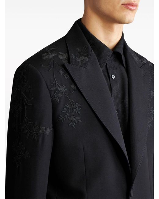 Etro Black Floral-embroidered Peak-lapels Blazer for men