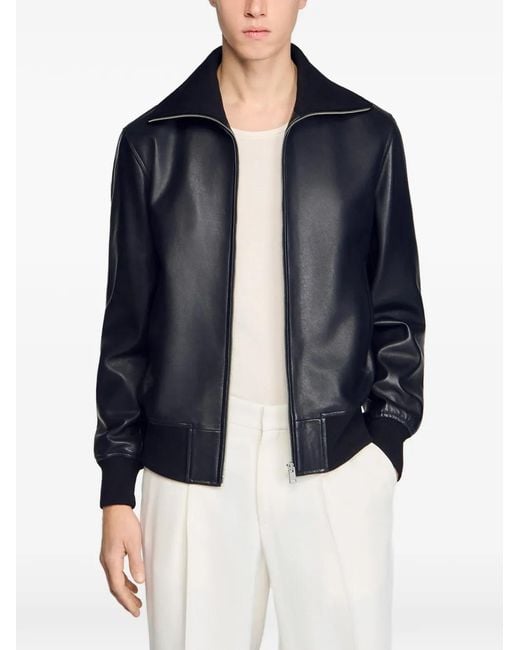 Sandro Black Zip-Up Leather Jacket for men