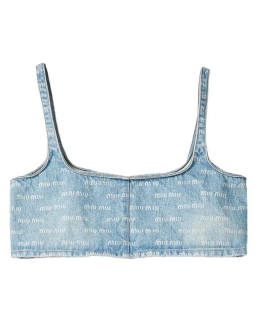 Miu Miu Blue Logo-Print Denim Crop Top