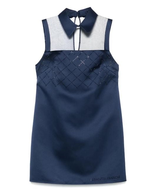 Elisabetta Franchi Blue Rhinestones Satin Mini Dress