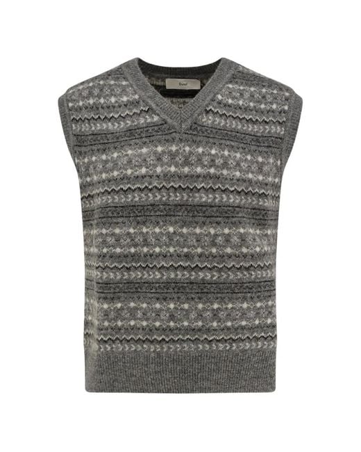DUNST Gray Fair Isle-Knit V-Neck Sweater