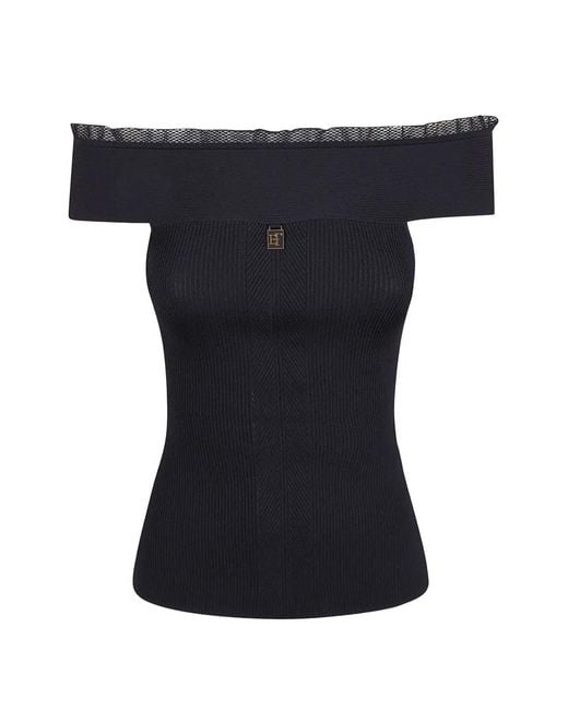 Elisabetta Franchi Black Off-Shoulder Ribbed-Knit Top