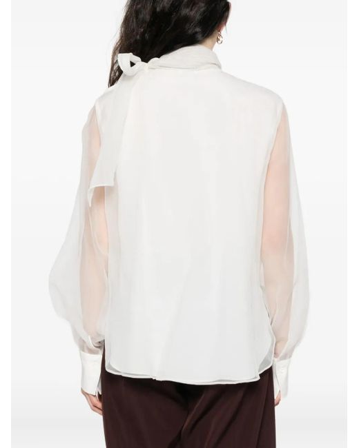 Brunello Cucinelli White Bow-Detail Long-Sleeve Blouse
