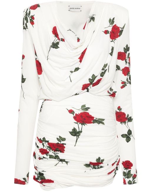Magda Butrym White Rose-print Draped Mini Dress