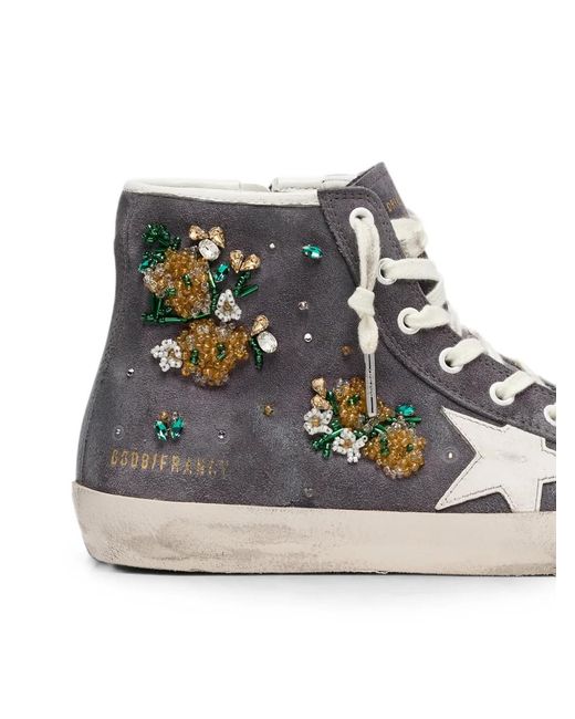 Golden Goose Deluxe Brand White Francy Suede Upper With Crystals And Flowers-Beads Embroidery Leather Star