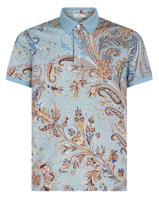Etro Blue Paisley-print Cotton Polo Shirt for men