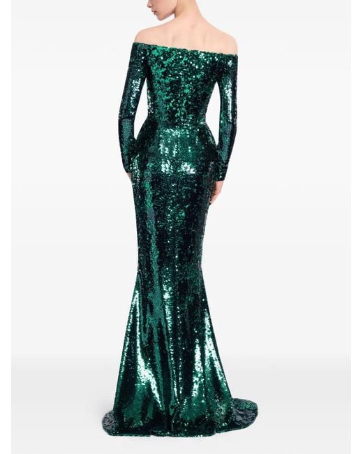 Elie Saab Green Embellished Off-The-Shoulder Maxi Dress