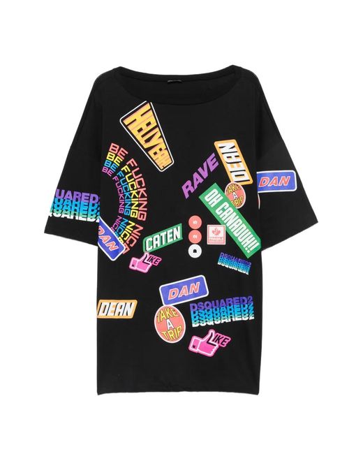 DSquared² Black Sticker-Print Oversized T-Shirt