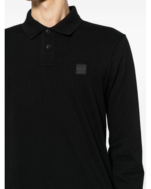 Boss Poloshirt Met Logo-applicatie En Lange Mouwen in het Black voor heren